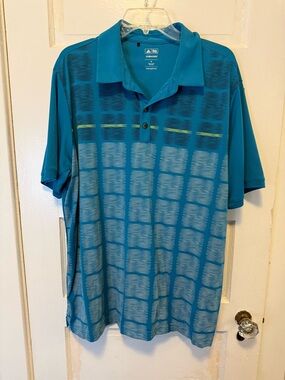 adidas Men's Teal Grid-Pattern Polo with Yellow Accent